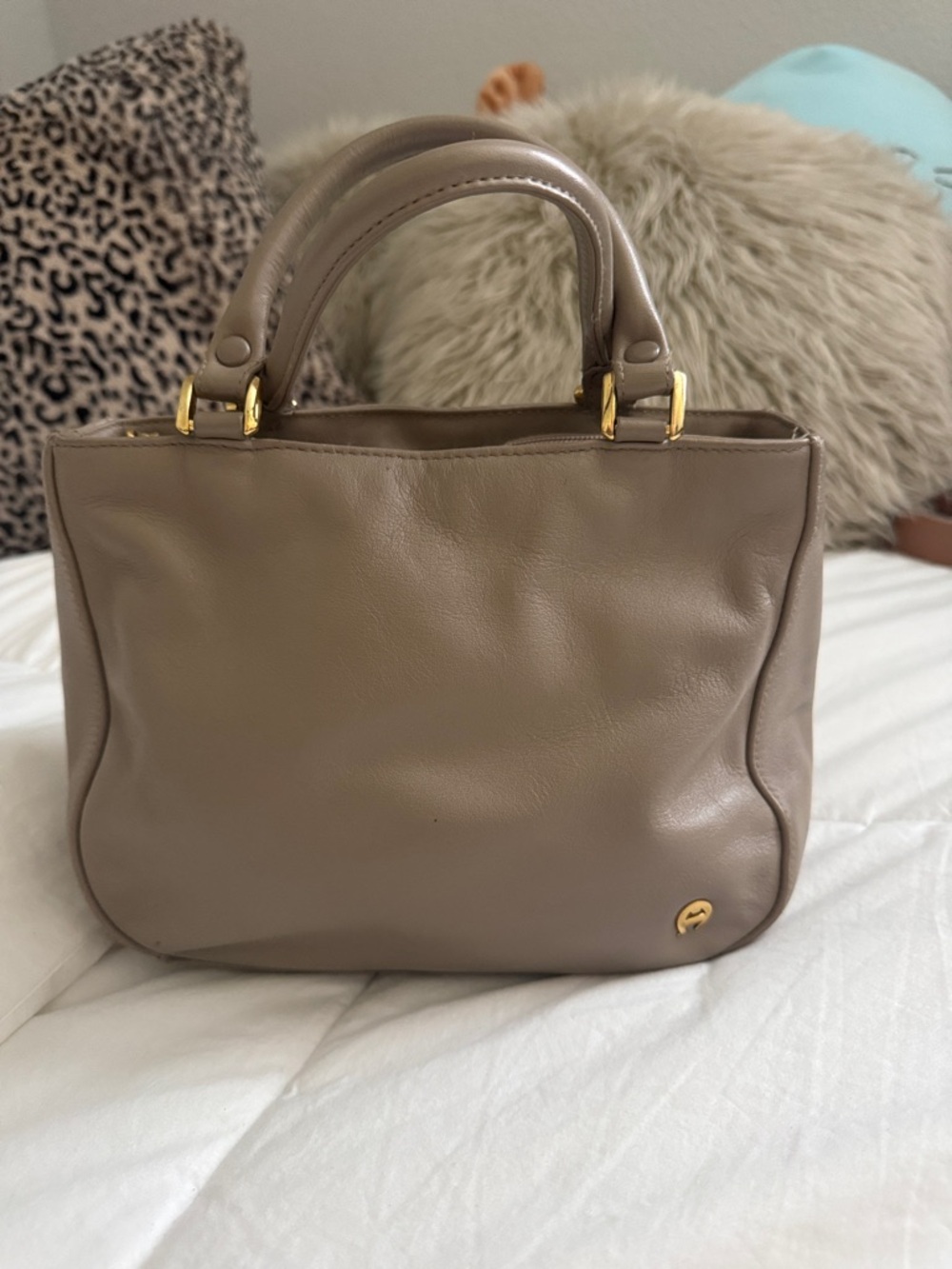 Etienne Aigner Taupe Leather Satchel with Gold Hardware - Picture 3 of 6